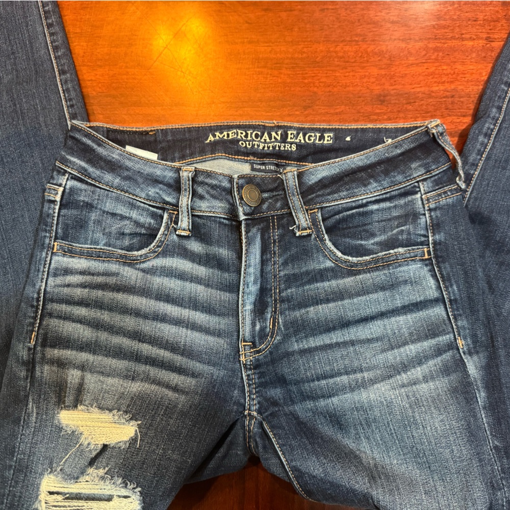 American Eagle Outfitters Dark Blue Distressed Skinny Jeans - Picture 2 of 5